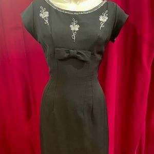 1950s/60s Beaded Sequin Flowers Black Wiggle Pencil Dress w/ Bow Audrey Hepburn